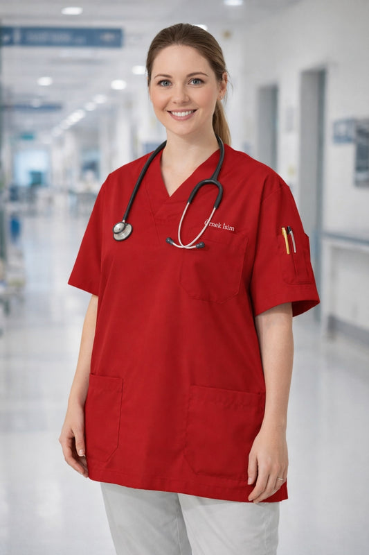 Kişiye Özel İsimli Tek Üst 4 Cepli Scrubs Forma - Kırmızı