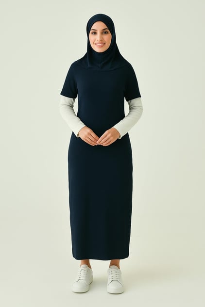 Günlük kullanım için modern tesettür elbise modelleri lacivert