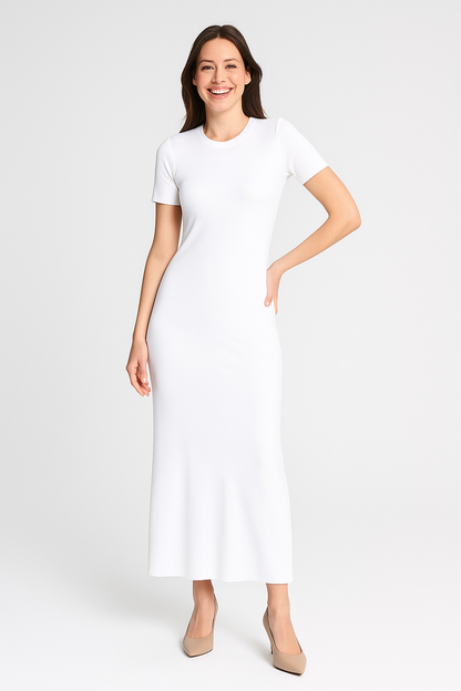 Kısa Kollu Fitilli Elbise - Beyaz