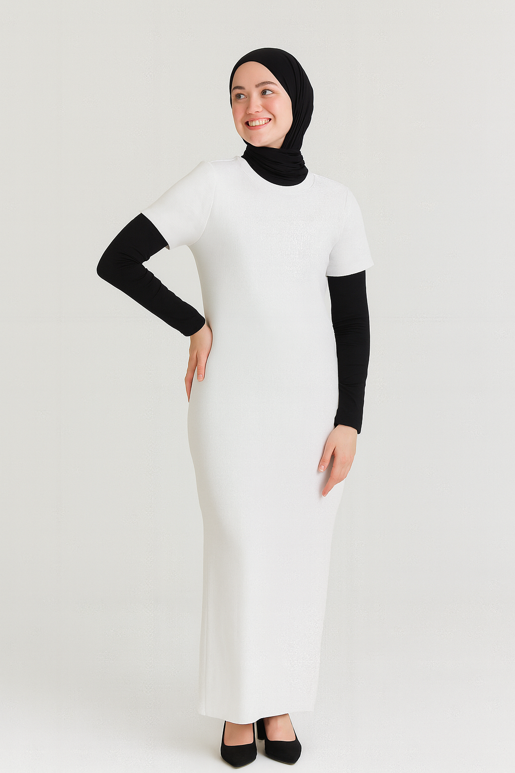 Kısa Kollu Fitilli Elbise - Beyaz