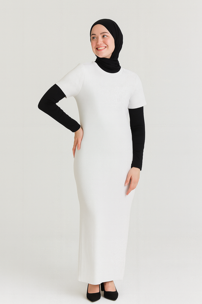 Kısa Kollu Fitilli Elbise - Beyaz