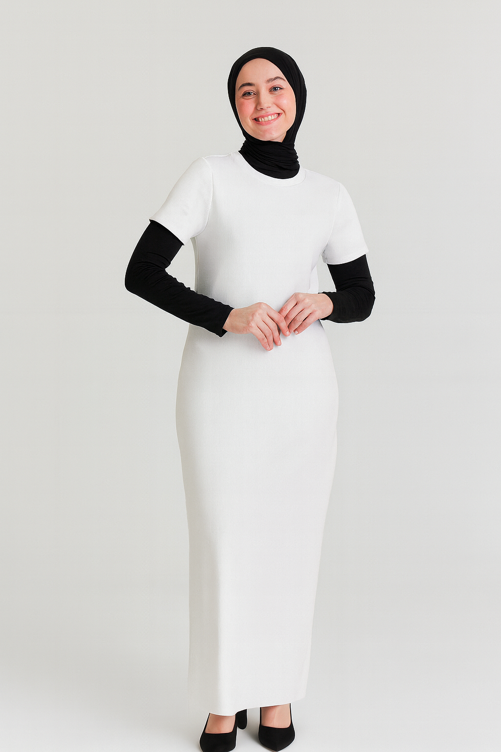 Kısa Kollu Fitilli Elbise - Beyaz