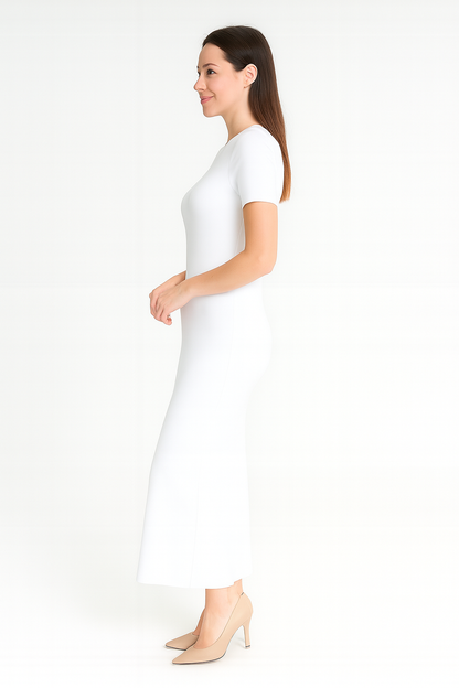 Kısa Kollu Fitilli Elbise - Beyaz