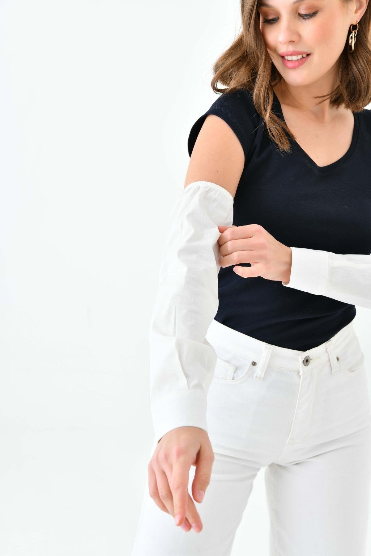 Siyah boyunluklu kolluk kullanımı ile tesettür giyimde pratik çözüm