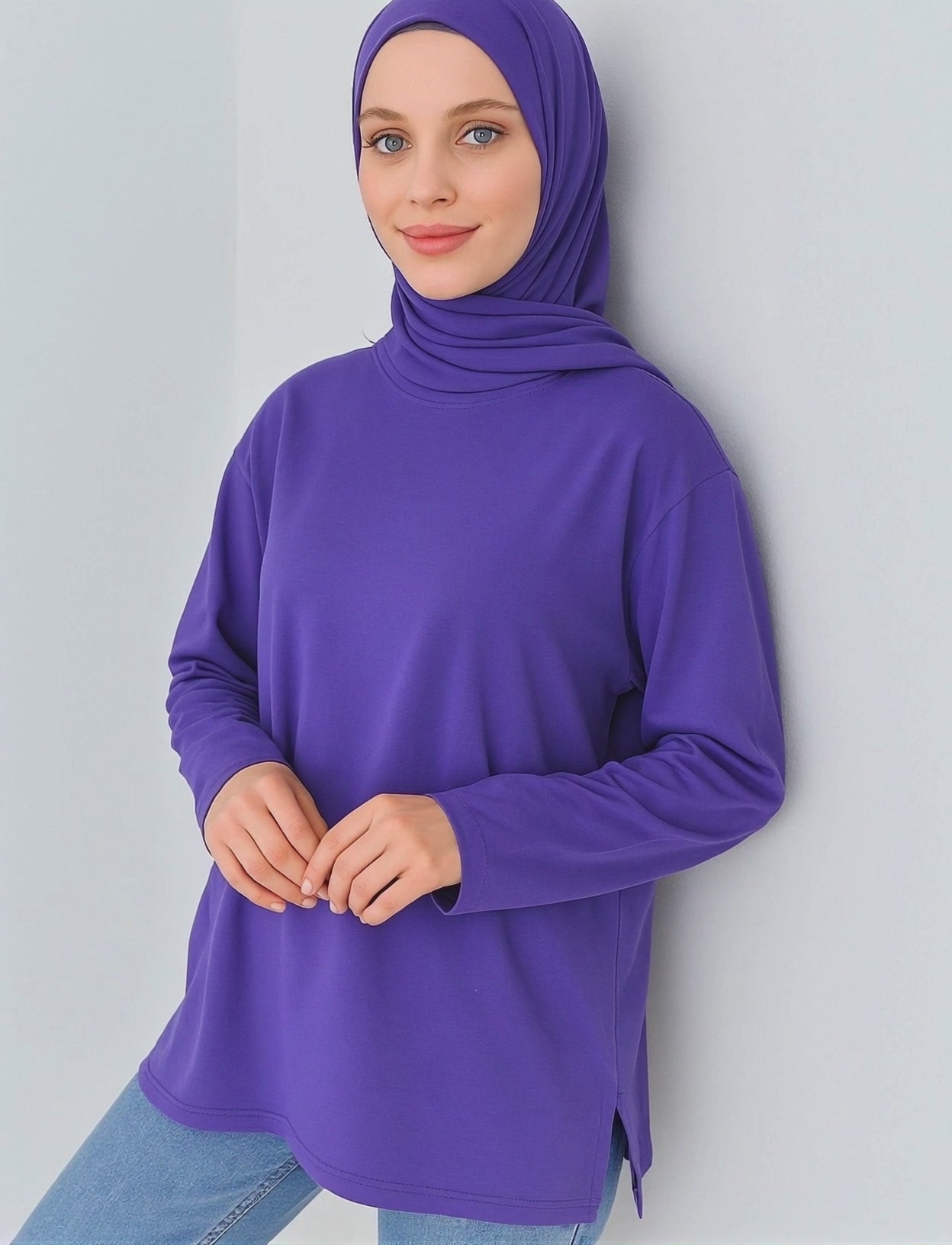 tesettür tunik modelleri mor uzun şık tunik kombin