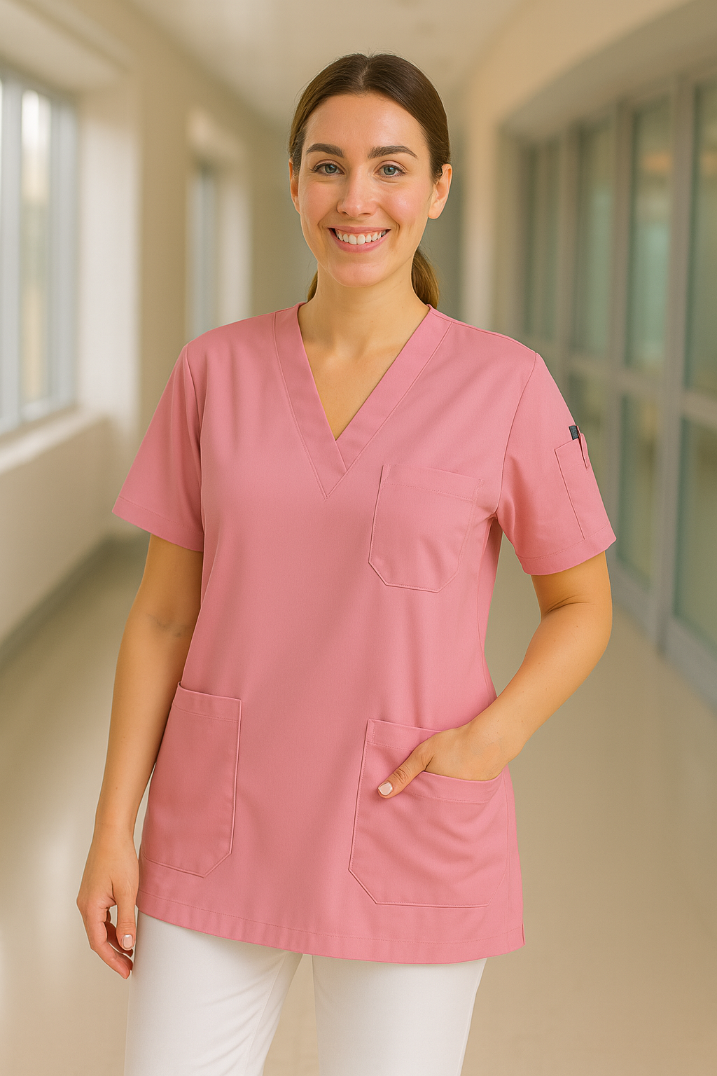 Tek Üst 4 Cepli Scrubs Forma - Şeker Pembe