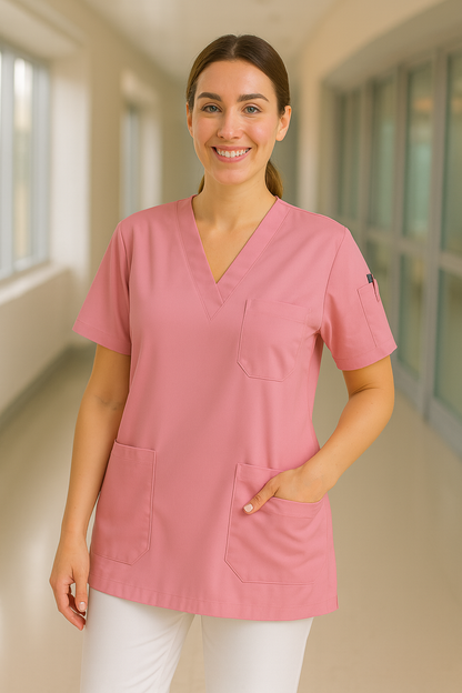 Tek Üst 4 Cepli Scrubs Forma - Şeker Pembe