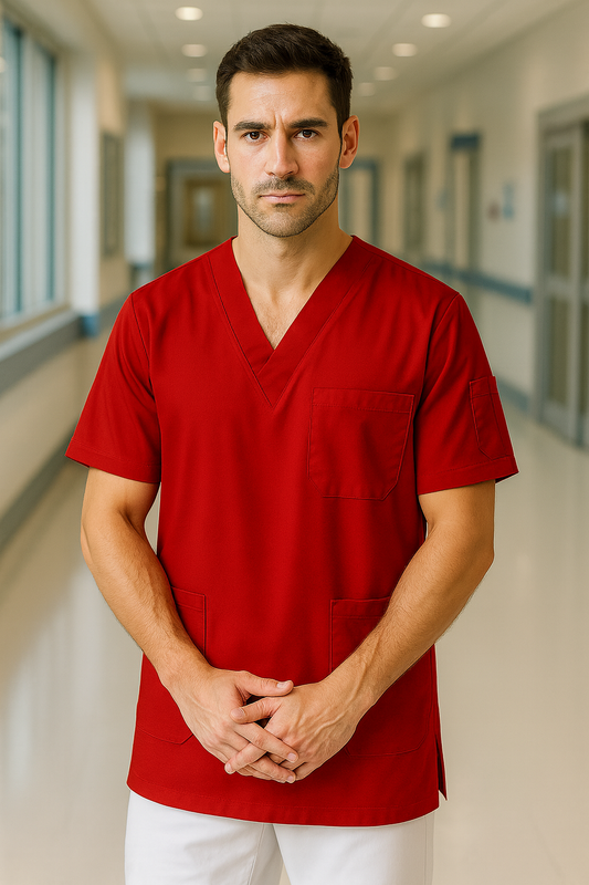 Tek Üst 4 Cepli Erkek Scrubs Forma - Kırmızı