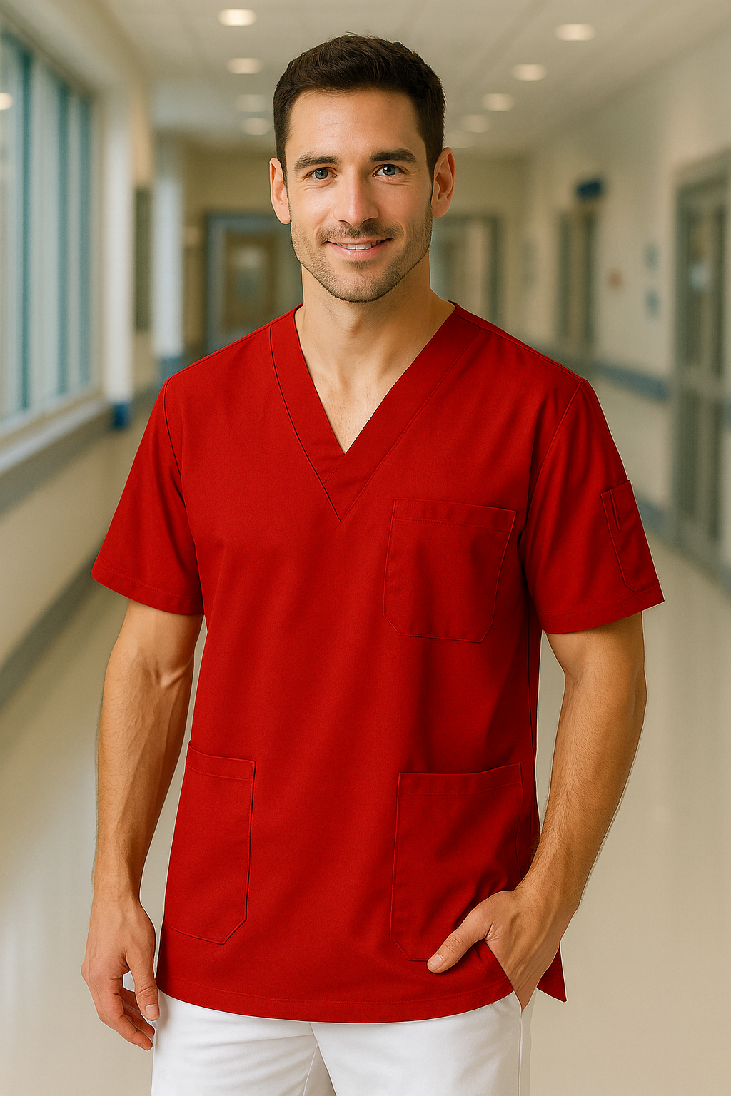 Tek Üst 4 Cepli Erkek Scrubs Forma - Kırmızı