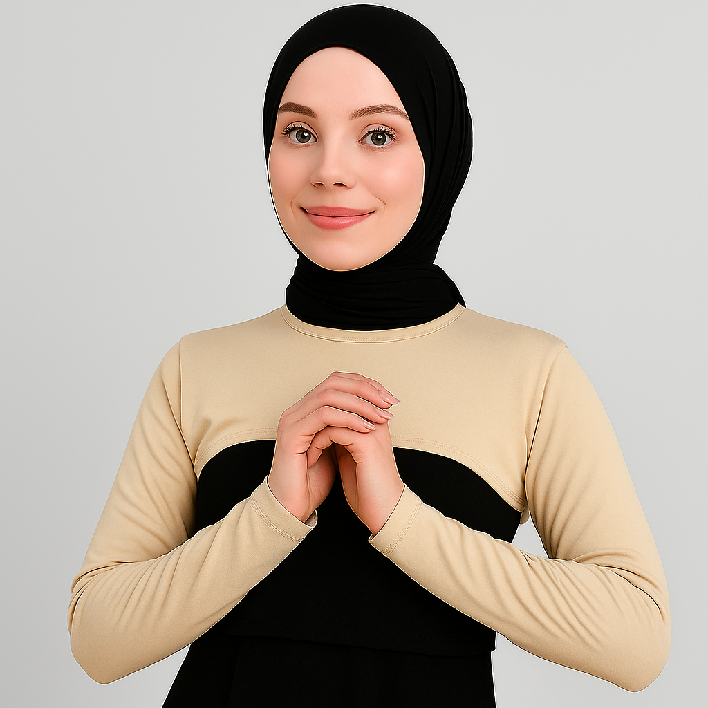 Siyah kolluk ve boyunluk kombinli tesettür elbise görünümü