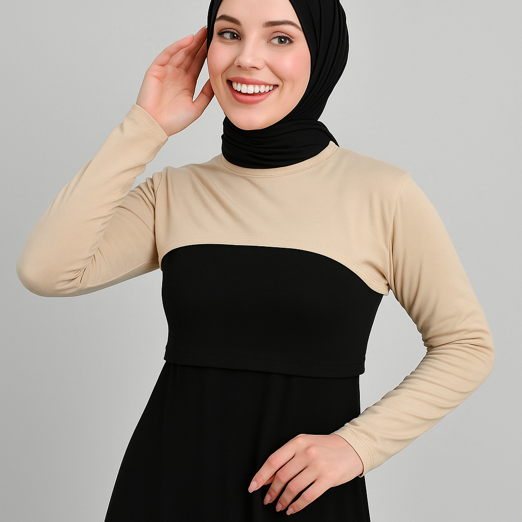 Tesettür boyunluk ve kolluk kombinli uzun kollu kadın elbise
