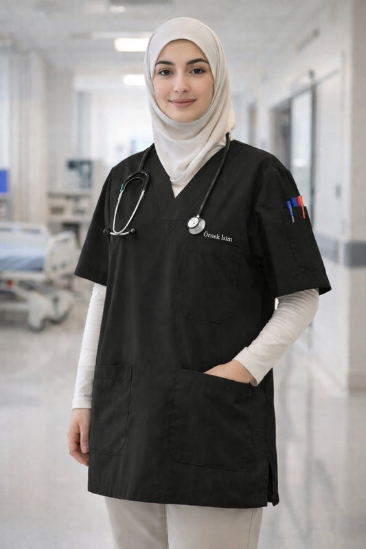 Kişiye Özel İsimli Tek Üst 4 Cepli Scrubs Forma - Siyah