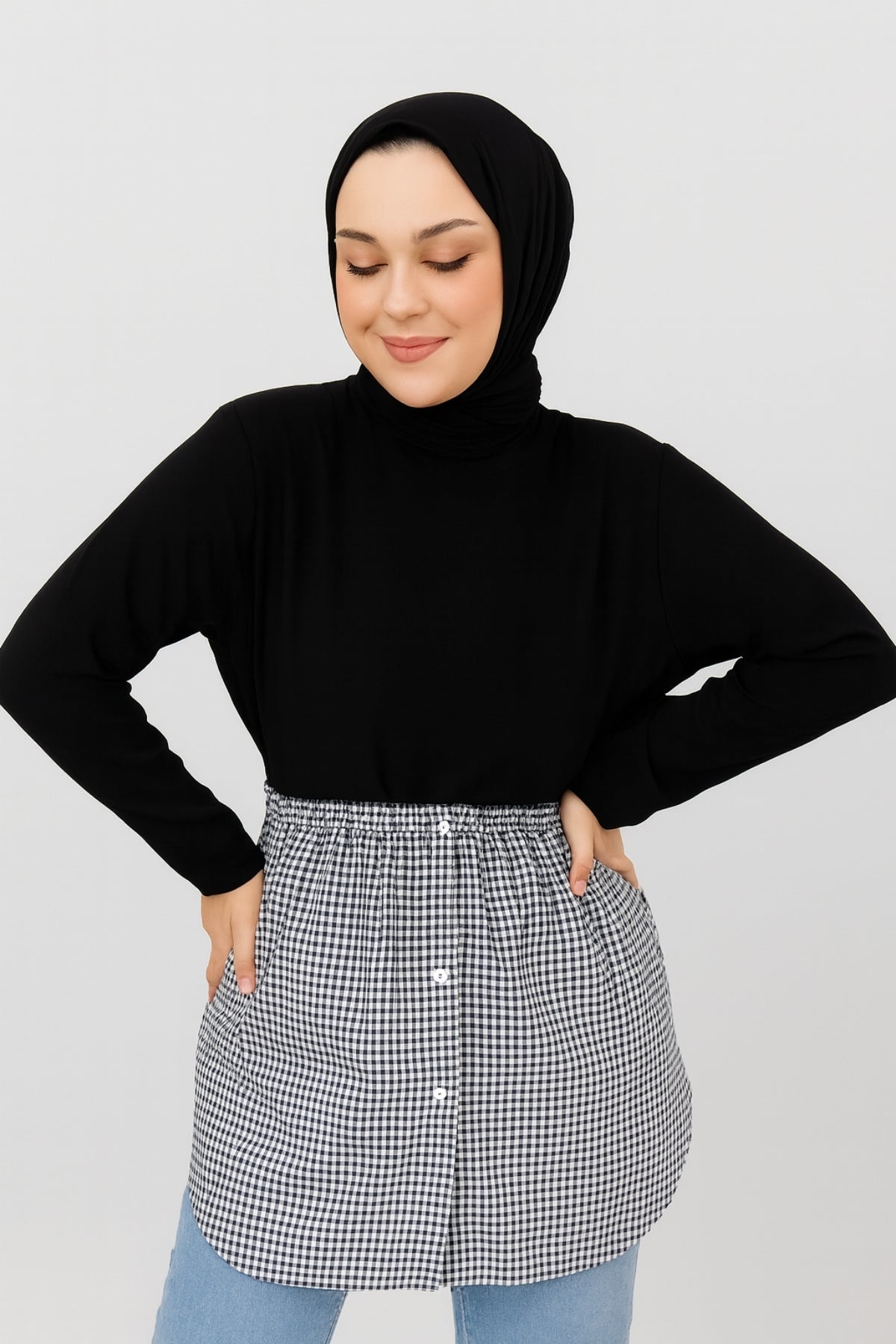 Kareli Gömlek Etek - Siyah Beyaz