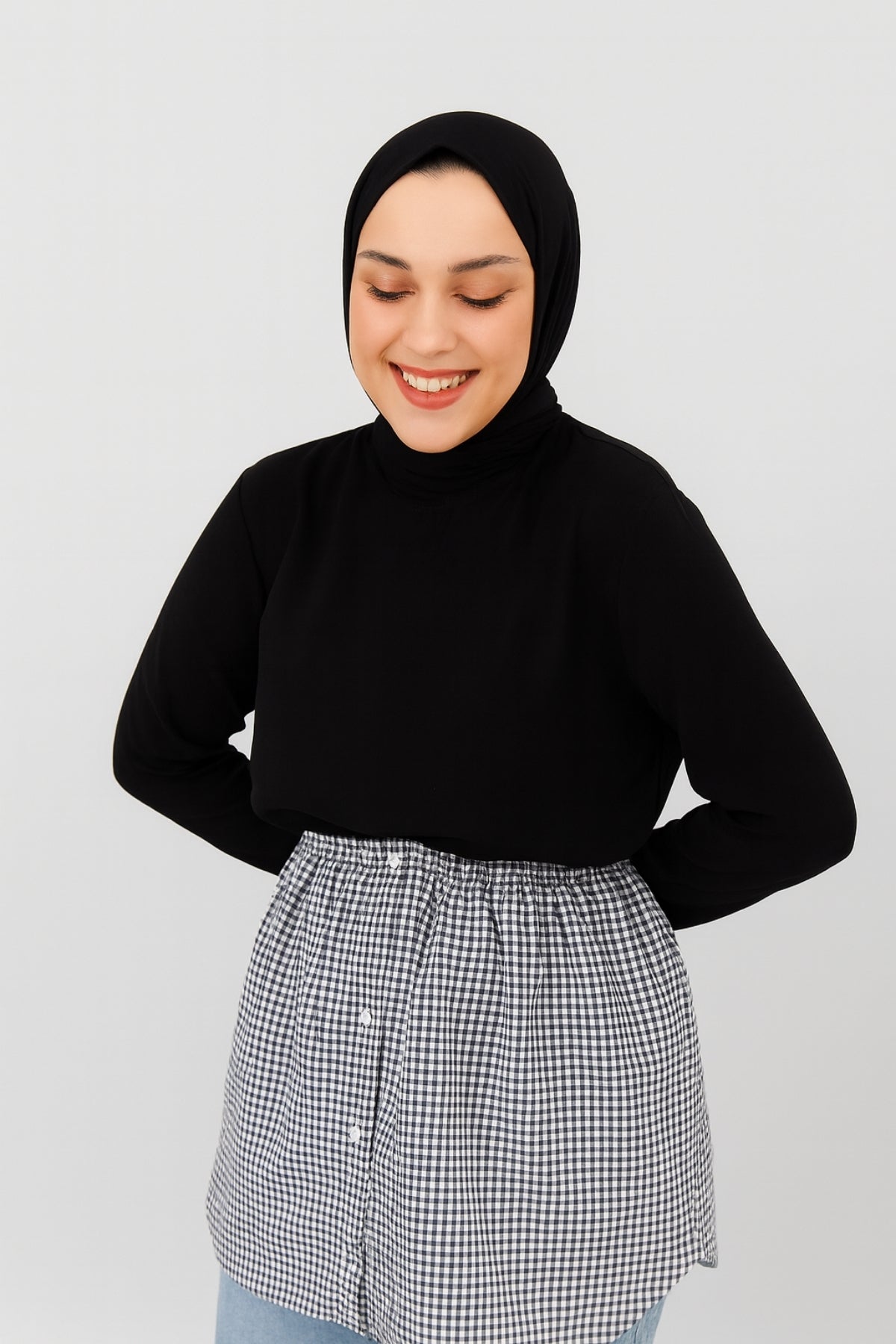 Kareli Gömlek Etek - Siyah Beyaz