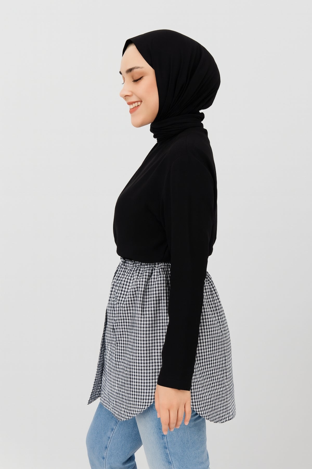 Kareli Gömlek Etek - Siyah Beyaz