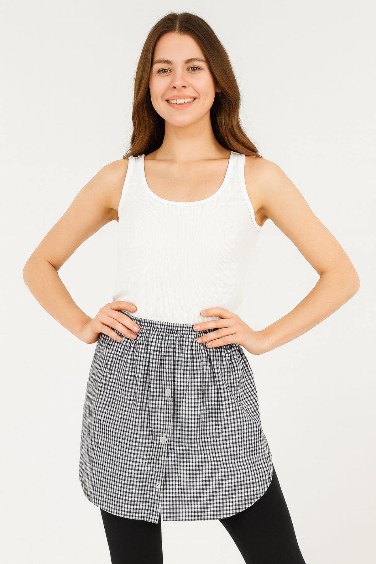 Kareli Gömlek Etek - Siyah Beyaz