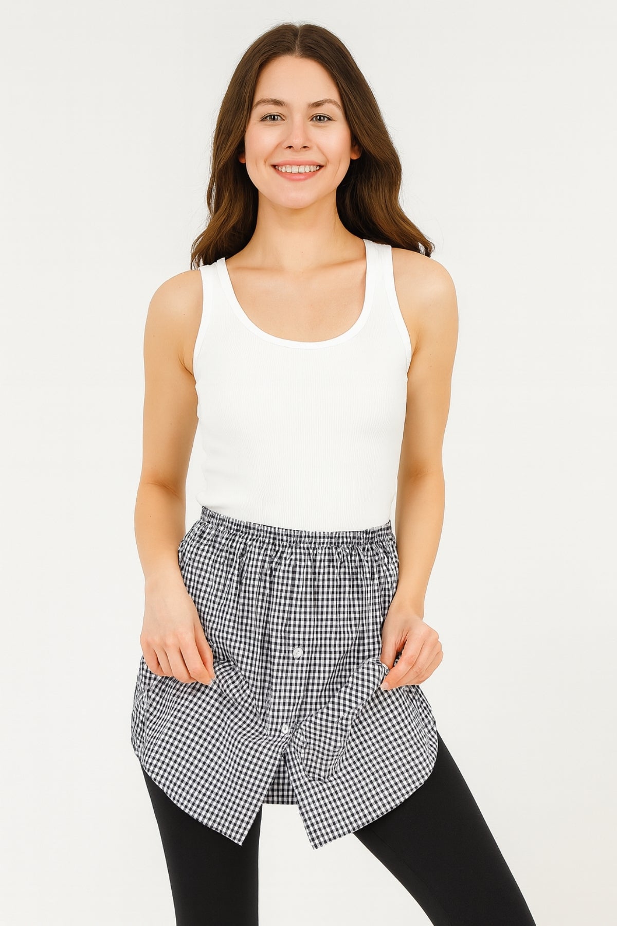 Kareli Gömlek Etek - Siyah Beyaz