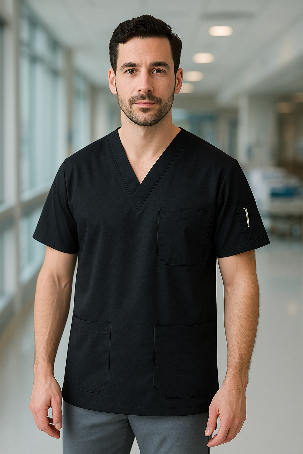 Tek Üst 4 Cepli Erkek Scrubs Forma - Siyah