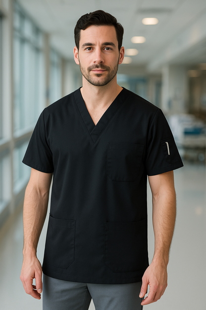 Tek Üst 4 Cepli Erkek Scrubs Forma - Siyah