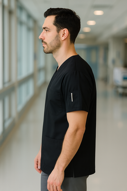 Tek Üst 4 Cepli Erkek Scrubs Forma - Siyah