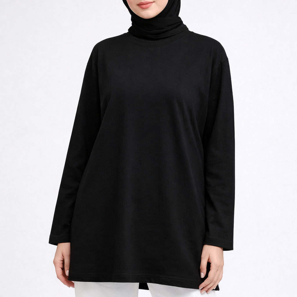 Siyah uzun tesettür tunik modeli kadın günlük şık kombin