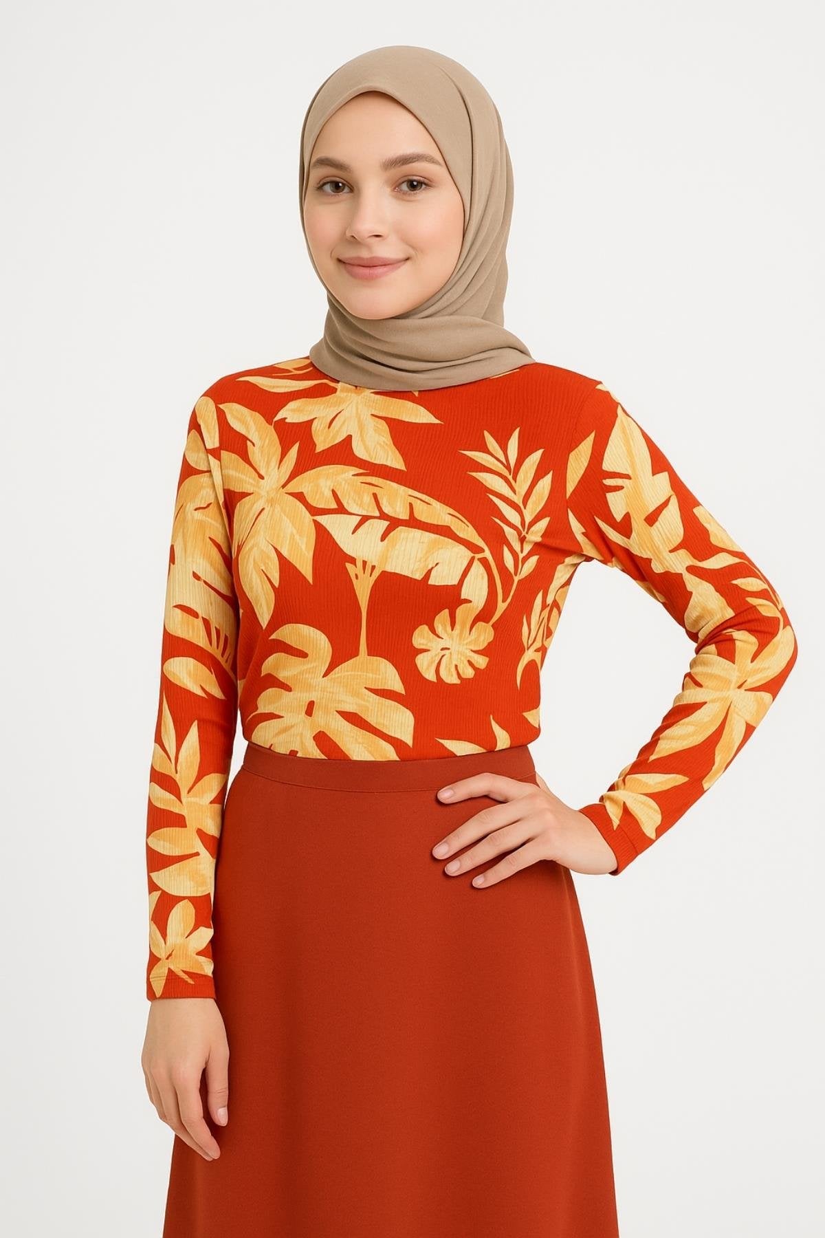 Kırmızı desenli uzun kollu kadın bluz modeli