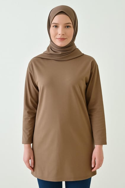 Kahverengi uzun tesettür tunik modeli, sade ve şık kadın tunik kombin önerisi