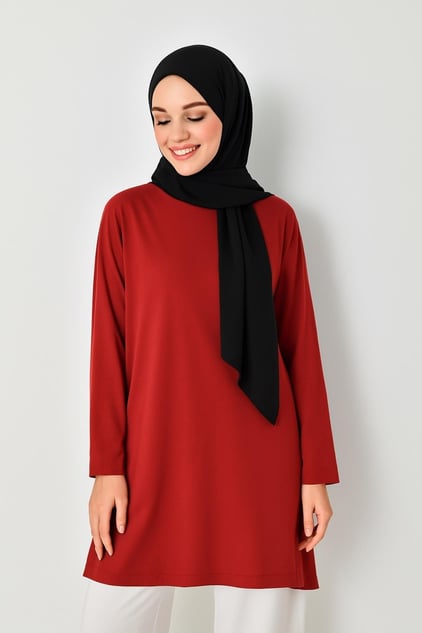 Kırmızı uzun tesettür tunik modeli kadın şık tunik kombin