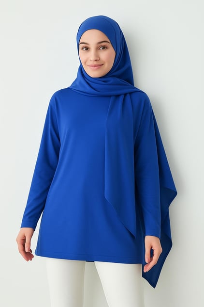 Saks mavi uzun tesettür tunik modeli kadın günlük şık kombin